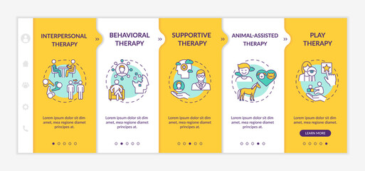 Psychotherapy types onboarding vector template. Supportive, animal-assisted, play therapies. Responsive mobile website with icons. Webpage walkthrough step screens. RGB color concept