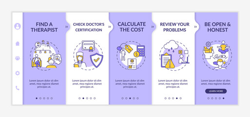Psychotherapy treatment steps onboarding vector template. Doctor license. Problems review. Cost calculator. Responsive mobile website with icons. Webpage walkthrough step screens. RGB color concept