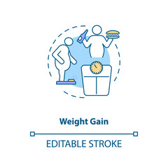 Weight gain concept icon. Calories in energy drinks idea thin line illustration. Sugar content. Stress and low mood. Diabetes treatment. Vector isolated outline RGB color drawing. Editable stroke