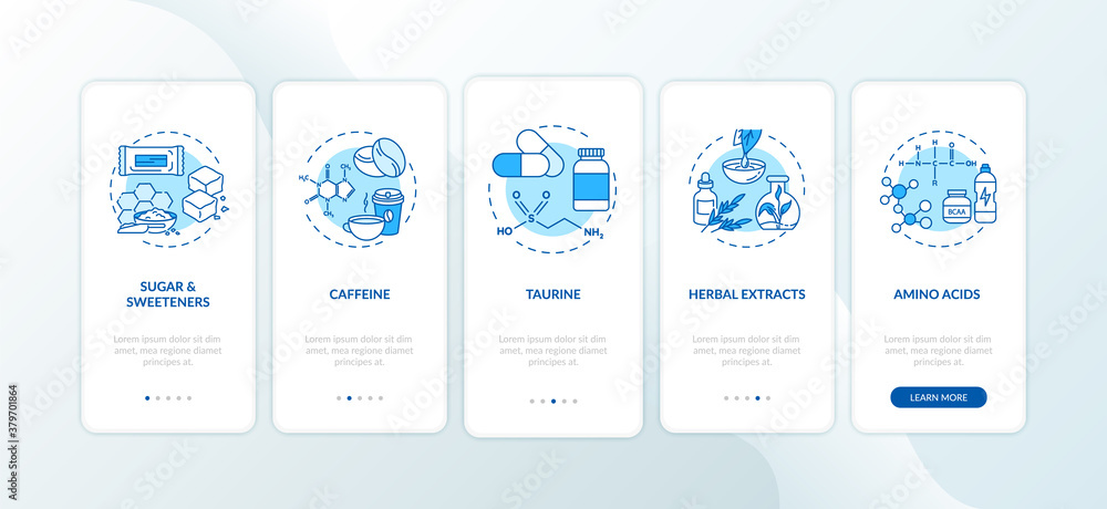 Poster energetics components onboarding mobile app page screen with concepts. sugar, amino acids, taurine w