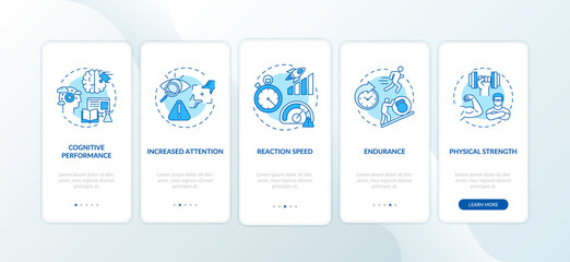 Energy beverages harmful effects onboarding mobile app page screen with concepts. Endurance, cognition walkthrough 5 steps graphic instructions. UI vector template with RGB color illustrations