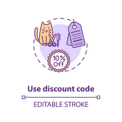 Use discount code concept icon. Grooming salon services app. Little friend buying. Animal store selling out idea thin line illustration. Vector isolated outline RGB color drawing. Editable stroke