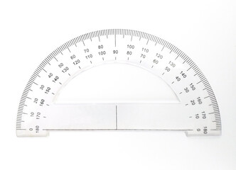 Front view of protractor for measuring degrees isolated on white background. Math instrument for measuring and constructing angles. Tilt angle meter. Measurement tool. Circle measurement scale. - obrazy, fototapety, plakaty