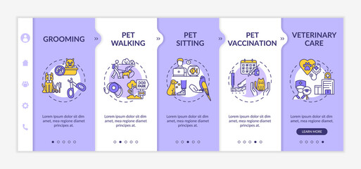 Pet services onboarding vector template. Animal health care center. Grooming salon options Responsive mobile website with icons. Webpage walkthrough step screens. RGB color concept