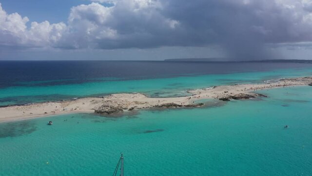 Aerial view of yachts in turquoise water near Formentera. Balearic Islands, Spain