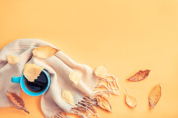 Autumn flat lay. with dry leaves, scarf and tea