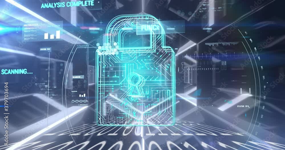 Aufkleber security padlock icon and data processing against glowing tunnel