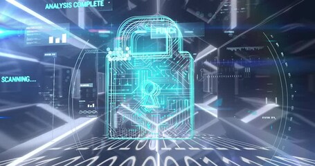 Security padlock icon and data processing against glowing tunnel - Powered by Adobe