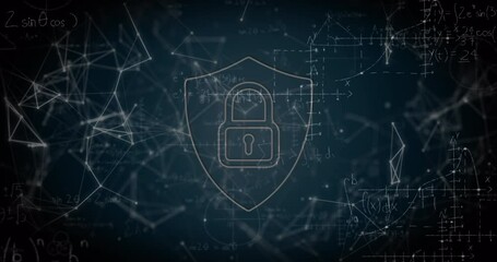 Security padlock icon and network of connections against mathematical equations - Powered by Adobe
