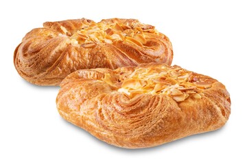 Vanilla cream almonds sweet bun on a white isolated background