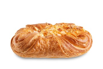 Vanilla cream almonds sweet bun on a white isolated background