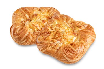 Vanilla cream almonds sweet bun on a white isolated background