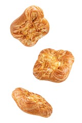 Vanilla cream almonds sweet bun on a white isolated background