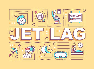Fototapeta premium Jet lag word concepts banner. Common sleep disorder, circadian rhythms disruption. Infographics with linear icons on yellow background. Isolated typography. Vector outline RGB color illustration