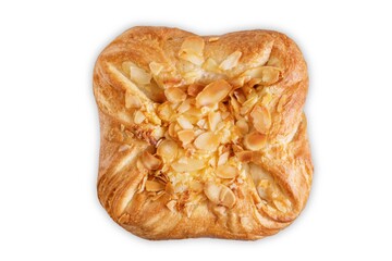 Vanilla cream almonds sweet bun on a white isolated background