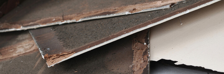 Old wood planks broken and overlapped. Selective focus