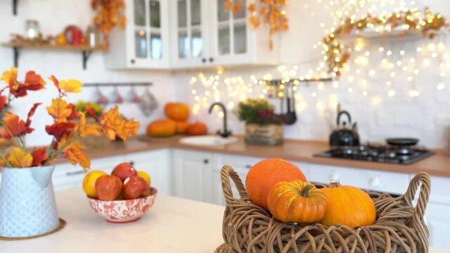 Autumn table setting with pumpkins. Thanksgiving dinner and autumn decoration.