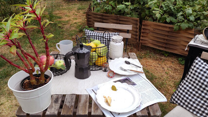 Camping. Coffee pot with cups. Basket with apples. Raindrops