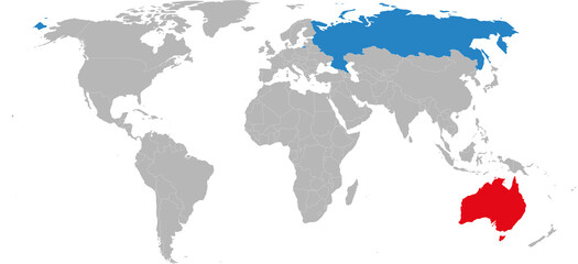 Russia, Australia countries isolated on world map. Business concepts and Backgrounds.