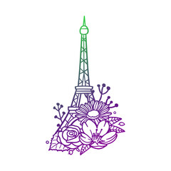 Eiffel Tower Paris, Flowers Vintage Monument Design. Frame ornament vector style. Decoration Design Floral France Silhouette illustration.