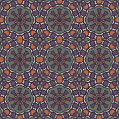 Creative color abstract geometric mandala pattern in violet orange, vector seamless, can be used for printing onto fabric, interior, design, textile, carpet, rug, pillow, tiles. 