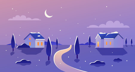 Winter landscape at night vector illustration. Cartoon flat frost rural nature, panoramic snow countryside scenery, farm houses with window lights in village, moon and stars in night sky background