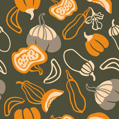 Hand drawn vector pattern of decorative pumpkins and squash. Cartoon style vegetables background. Autumn harvesting.