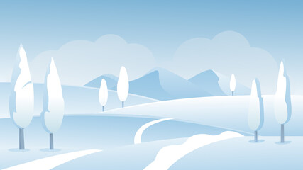 Winter landscape vector illustration. Cartoon frost nature snowscape scenery with road pathway on hills covered in snow and frozen white trees, snowy wonderland view wintertime panoramic background
