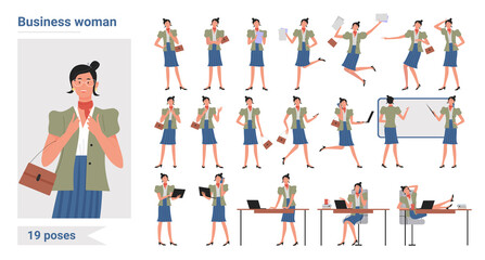 Business woman working poses infographic vector illustration set. Cartoon flat busy female character at business work with laptop or study in different postures, standing and running isolated on white