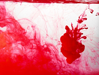 Closeup of a red ink in water in motion isolated on white. Ink swirling underwater. Colored abstract smoke explosion effect. Abstract background with copy space..