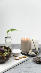 Natural herbal medicine skin care products, top view ingredients. Sea salt and herbs. Healing herbs and facial treatment preparation. Natural remedy and mortar. Beauty and massage spa treatment.