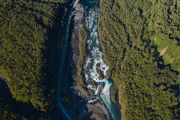 Aerial landscape of Osorno Volcano and Falls of Petrohue - Puerto Varas, Chile, South America.