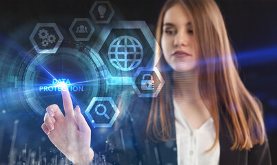 Business, Technology, Internet and network concept. Young businessman working on a virtual screen of the future and sees the inscription: Data protection