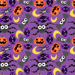 Fototapeta na wymiar Halloween funny cartoon characters vector seamless pattern. Simple happy spiders, bats, pumpkins, moons and candies on violet background endless texture. One of a series.