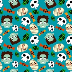 Cartoon halloween characters and sweets vector seamless pattern. Funny monsters, mummies, skulls, green and orange candies. Amusing fall season october holiday childish endless background. 