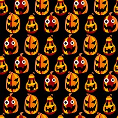 Halloween smiling pumpkins vector seamless pattern. Orange-yellow-red carved pumpkin lanterns on black endless texture. Funny childish colorful cartoon halloween seamless background.