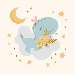 DINO MOON WALK Cartoon Hand Drawn Vector Illustration Print