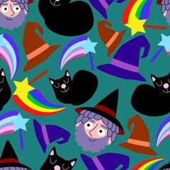Cartoon childish halloween vector seamless pattern. Funny colorful magic seamless pattern with wizard, black cat, magic wand and witch hat. Fall costume holiday endless texture for wrapping and fabric