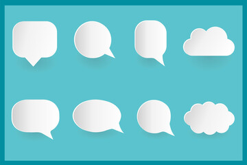 Collection of speech icons, clean inside. Chat or comic icons, white with shadow. A set of icons of different shapes: round, oval, rectangular or in the shape of a cloud.
