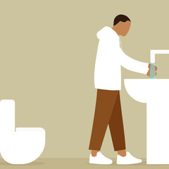 Male character washes hands in the bathroom