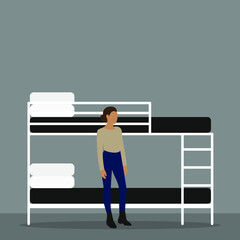 Female character stands near the bunk bed - obrazy, fototapety, plakaty