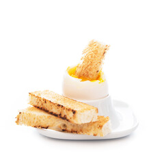 Boiled egg with toast for Breakfast on a white background