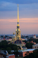 Sunset Peter and Paul cathedral and Finnish bay, Saint-Petersburg, Russia, telephoto