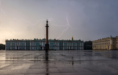Palace square during storm with lightnings, Saint-Petersburg, Russia, Hermitage and Alexander column