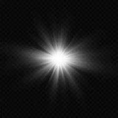  Explosion sun. Star shining. Glow light effect. Vector illustration. White glowing light explodes on a transparent background  