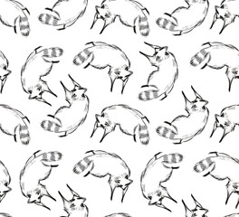 racoon sketch illustration. seamless pattern. hand drawn sketchy style. isolated on white