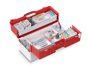 An open red suitcase for paramedics with medicines, tools, materials for emergency first aid. Home medicine chest. 3D render isolated on a white background.