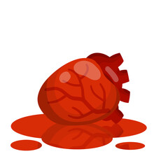 My heart is on floor. Death and heart attack. Pool of red blood. Cardiology and health. Broken love and concept of relationships. Flat Dead human organ.
