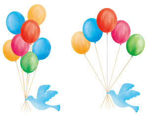 風船と青い鳥のイラストセット