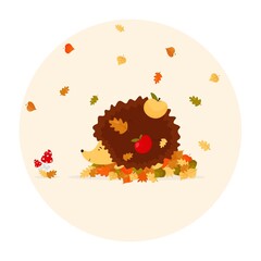 Cute hedgehog on a white isolated background, with apples, mushrooms and colorful leaves. Autumn forest